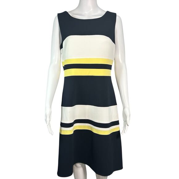 Tommy Hilfiger Sz 10 Dress ALine Navy White Yellow Crepe Stretchy Stripe NWT $99 - Picture 1 of 13